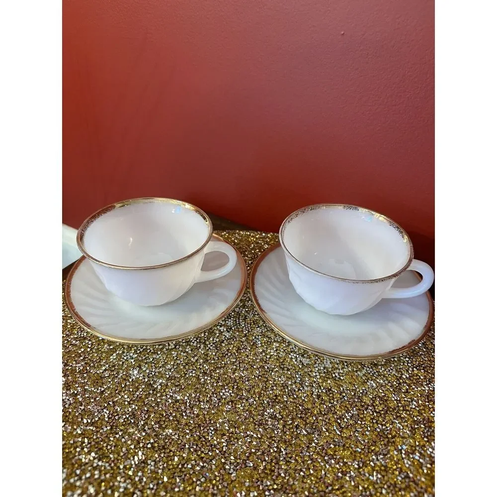 Vintage Fire King Oven Ware White Swirl Milk Glass‎ Gold Rim 2 Cup & 5 Saucers